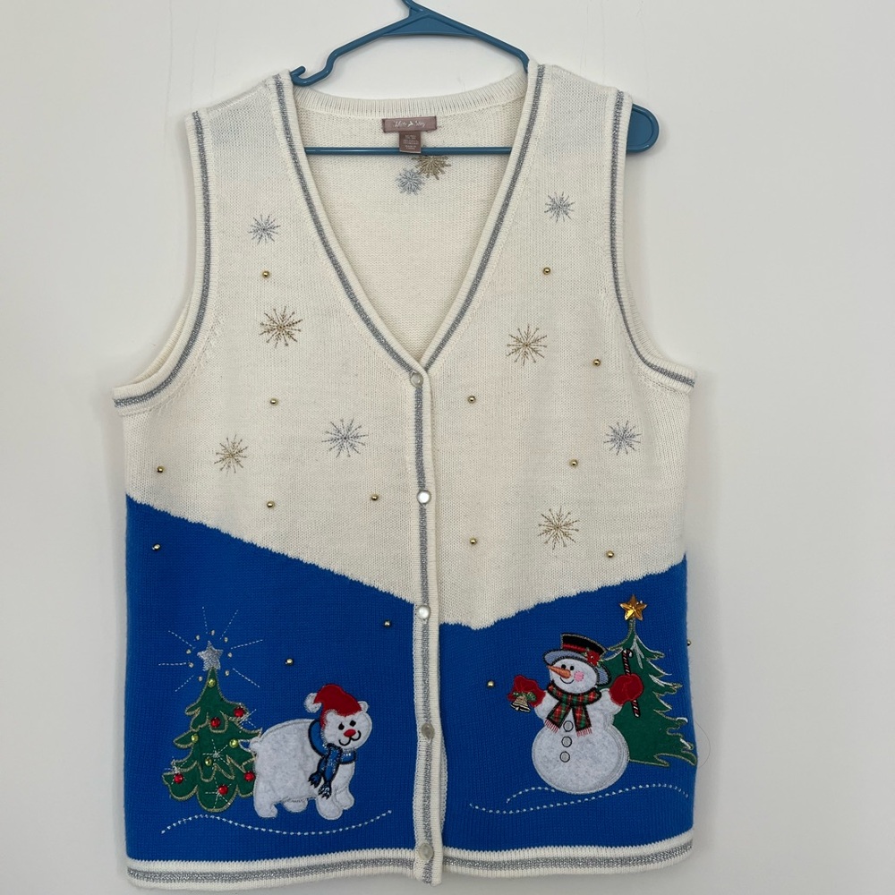Vintage White Stag Polar Bear Snowman Vest Christmas Sweater Size XL (16-18)